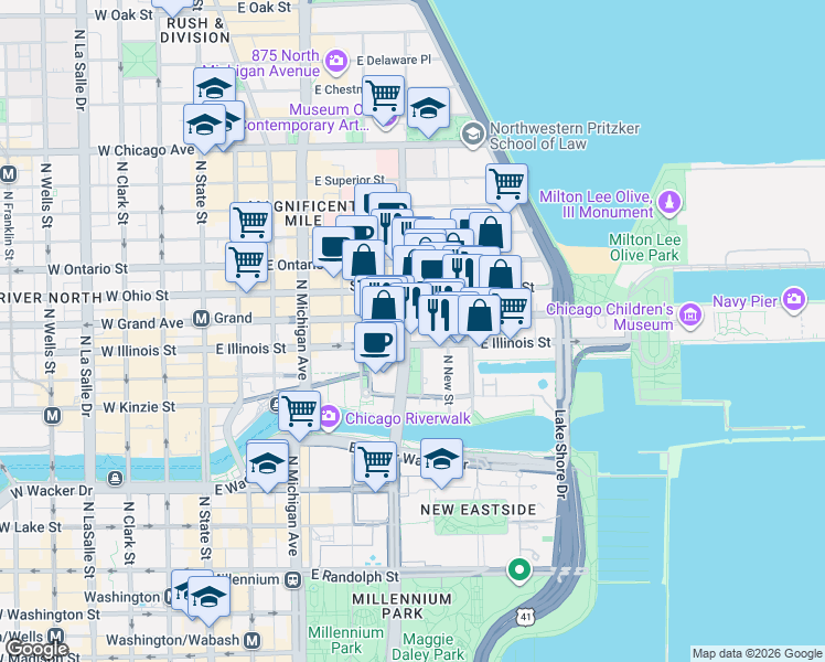 map of restaurants, bars, coffee shops, grocery stores, and more near 511 North Columbus Drive in Chicago