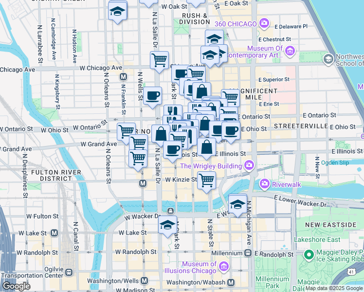 map of restaurants, bars, coffee shops, grocery stores, and more near 65 West Grand Avenue in Chicago