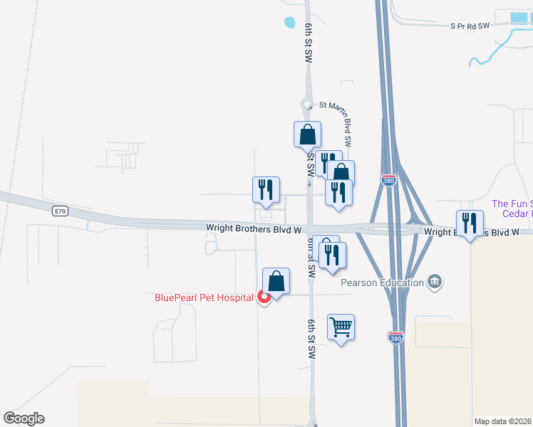 map of restaurants, bars, coffee shops, grocery stores, and more near 9125 Atlantic Drive Southwest in Cedar Rapids