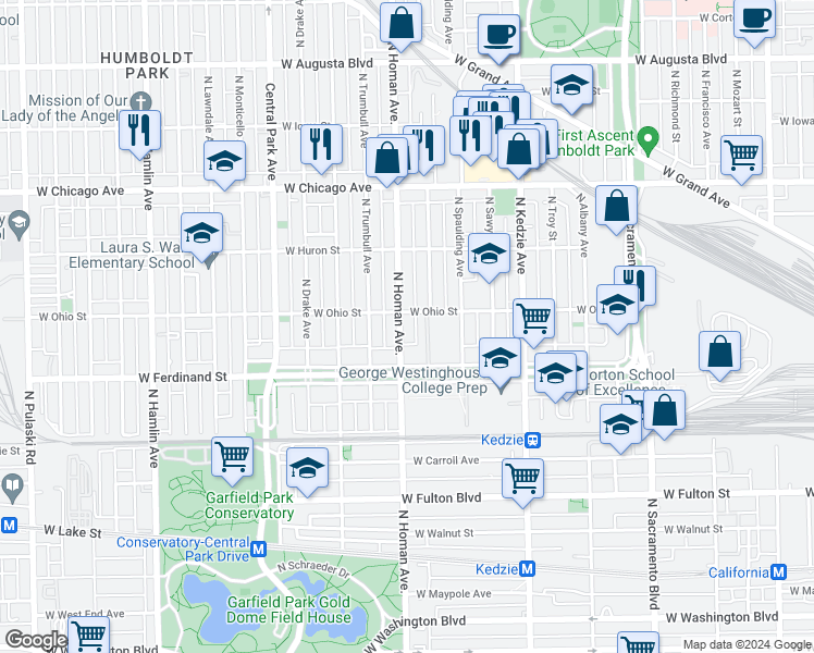 map of restaurants, bars, coffee shops, grocery stores, and more near 541 North Homan Avenue in Chicago