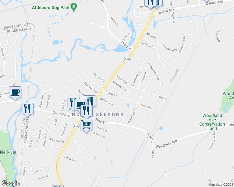 map of restaurants, bars, coffee shops, grocery stores, and more near 126 Forest Avenue in Seekonk