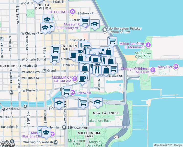 map of restaurants, bars, coffee shops, grocery stores, and more near 511 North Columbus Drive in Chicago