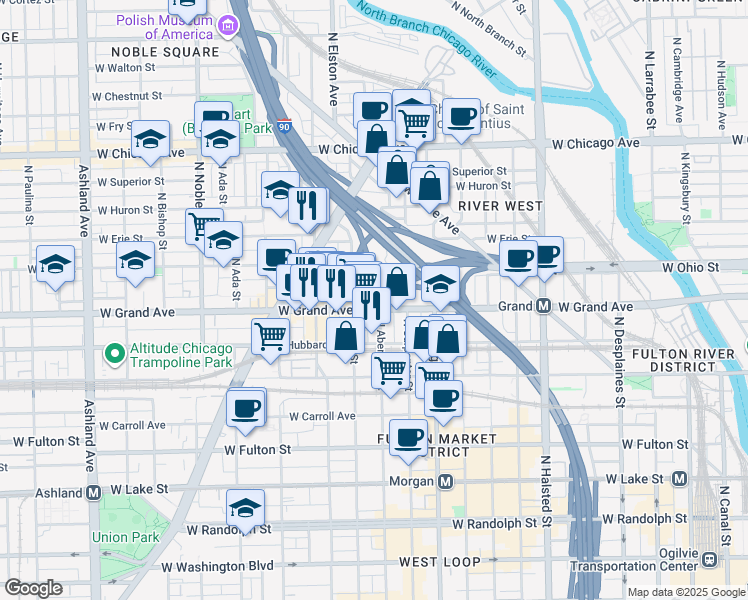 map of restaurants, bars, coffee shops, grocery stores, and more near 1123 West Ohio Street in Chicago