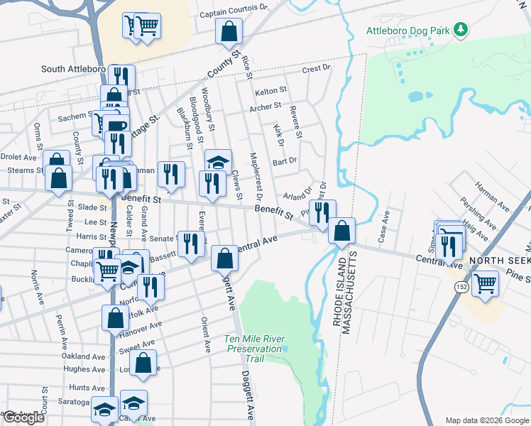map of restaurants, bars, coffee shops, grocery stores, and more near 10 Rice Street in Pawtucket