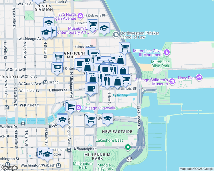 map of restaurants, bars, coffee shops, grocery stores, and more near 512 North McClurg Court in Chicago