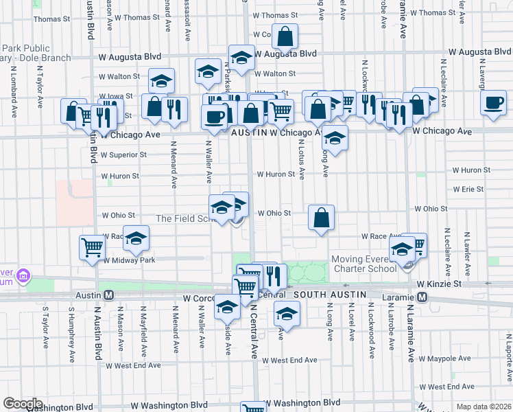 map of restaurants, bars, coffee shops, grocery stores, and more near 627 North Central Avenue in Chicago