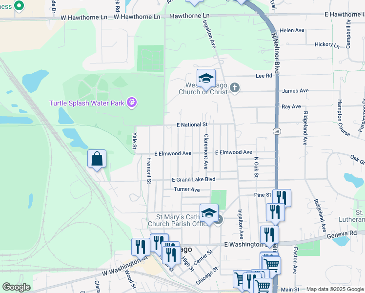 map of restaurants, bars, coffee shops, grocery stores, and more near 532 Belleview Avenue in West Chicago