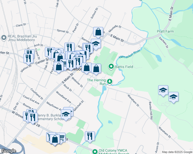 map of restaurants, bars, coffee shops, grocery stores, and more near 25 Wareham Street in Middleborough