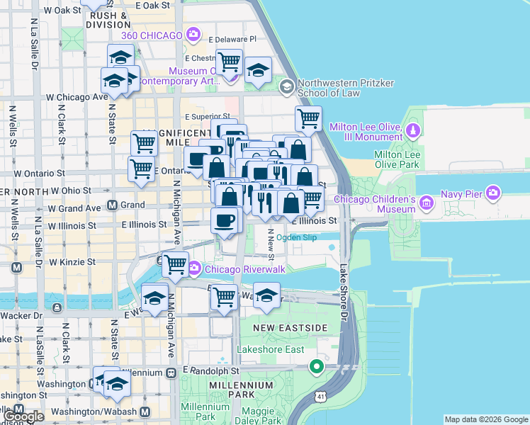 map of restaurants, bars, coffee shops, grocery stores, and more near 512 North McClurg Court in Chicago