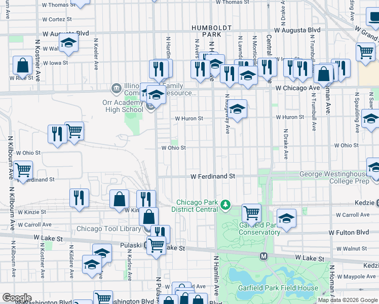 map of restaurants, bars, coffee shops, grocery stores, and more near 3848 West Ohio Street in Chicago