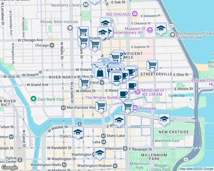 map of restaurants, bars, coffee shops, grocery stores, and more near 50 East Ohio Street in Chicago