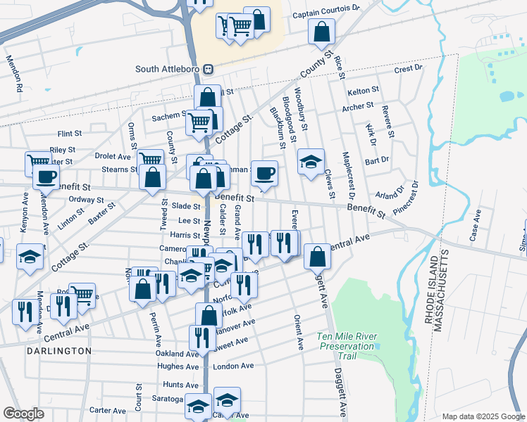 map of restaurants, bars, coffee shops, grocery stores, and more near 516 Benefit Street in Pawtucket