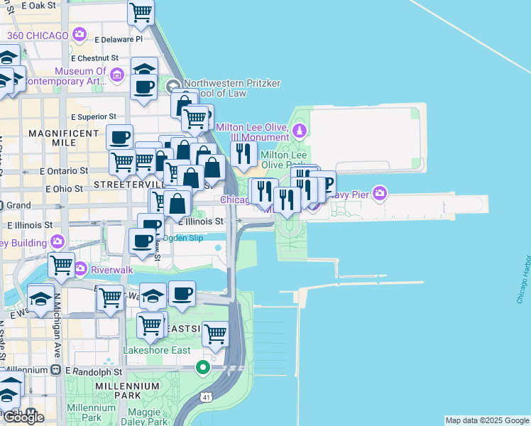 map of restaurants, bars, coffee shops, grocery stores, and more near 500 North Streeter Drive in Chicago