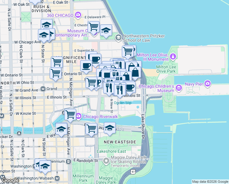 map of restaurants, bars, coffee shops, grocery stores, and more near 512 North McClurg Court in Chicago