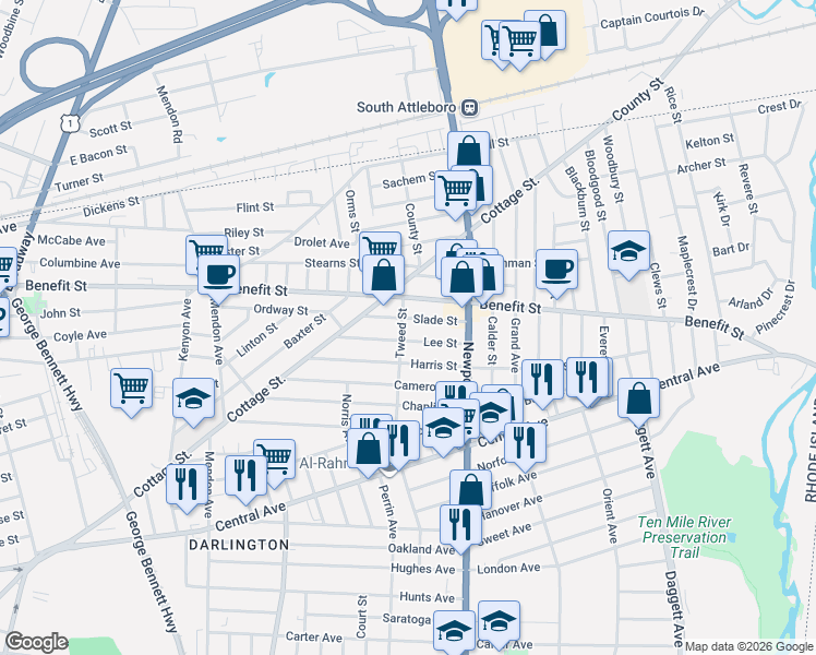 map of restaurants, bars, coffee shops, grocery stores, and more near 40 Slade Street in Pawtucket