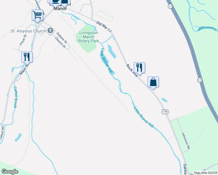 map of restaurants, bars, coffee shops, grocery stores, and more near 143 Dubois Street in Livingston Manor