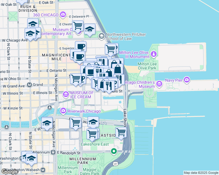 map of restaurants, bars, coffee shops, grocery stores, and more near 505 North McClurg Court in Chicago