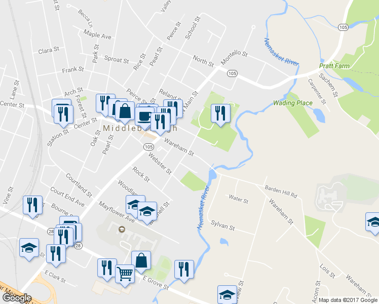 map of restaurants, bars, coffee shops, grocery stores, and more near 27 Wareham Street in Middleborough