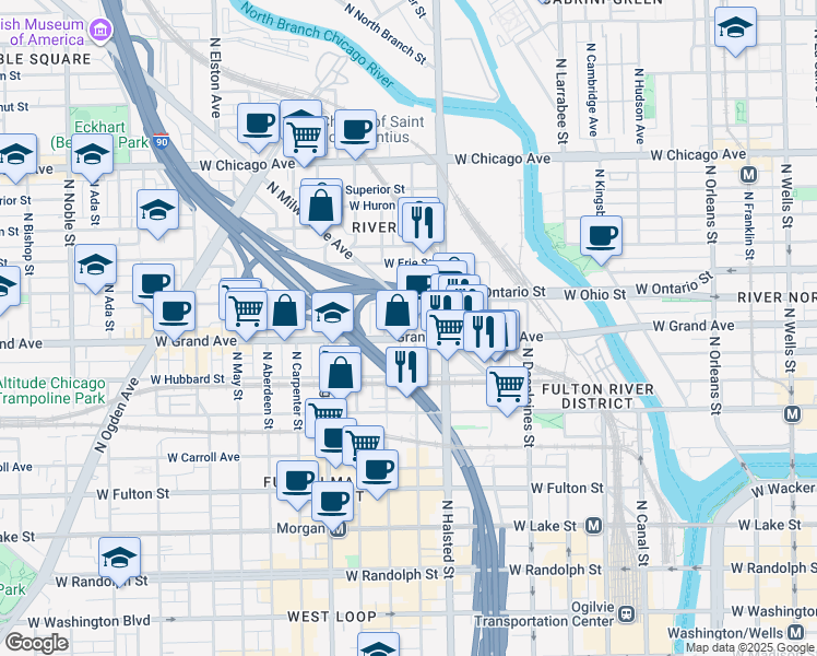 map of restaurants, bars, coffee shops, grocery stores, and more near 849 West Ohio Street in Chicago