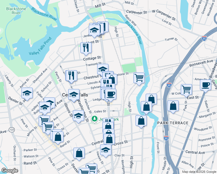 map of restaurants, bars, coffee shops, grocery stores, and more near 14 Lincoln Avenue in Central Falls
