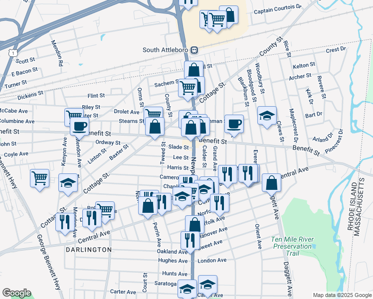 map of restaurants, bars, coffee shops, grocery stores, and more near 413 Benefit Street in Pawtucket