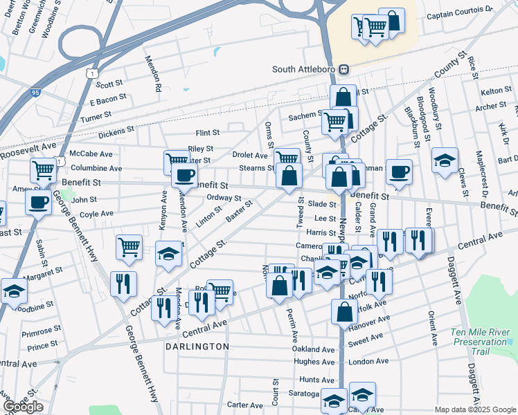 map of restaurants, bars, coffee shops, grocery stores, and more near 94 Ordway Street in Pawtucket