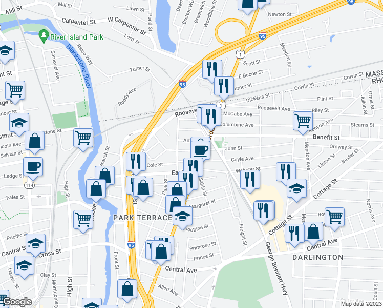 map of restaurants, bars, coffee shops, grocery stores, and more near 37 Amey Street in Pawtucket