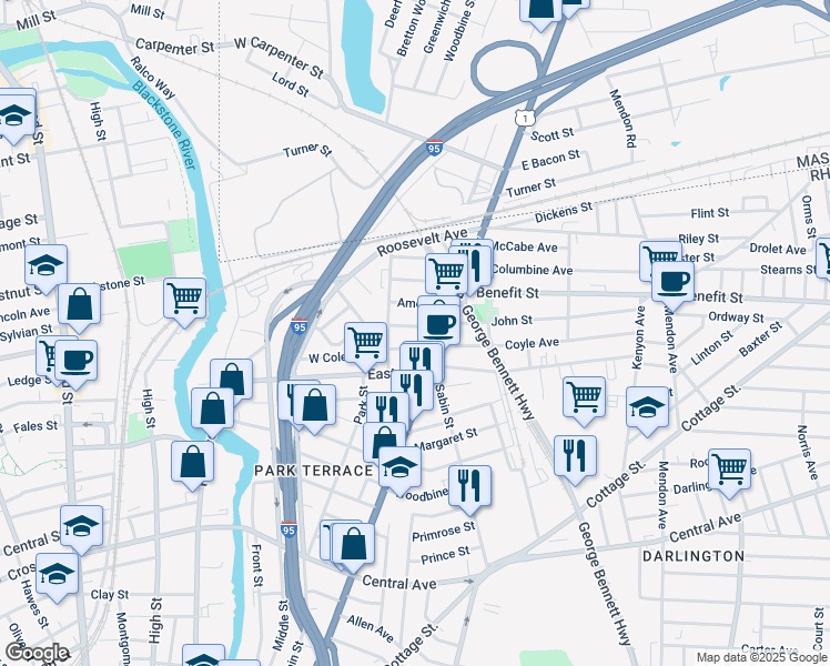 map of restaurants, bars, coffee shops, grocery stores, and more near 62 Appleton Avenue in Pawtucket