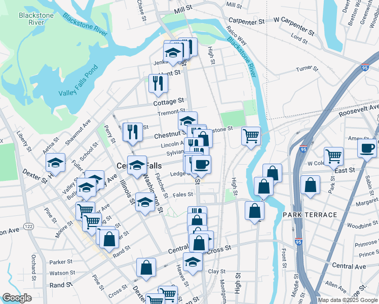 map of restaurants, bars, coffee shops, grocery stores, and more near 14 Lincoln Avenue in Central Falls