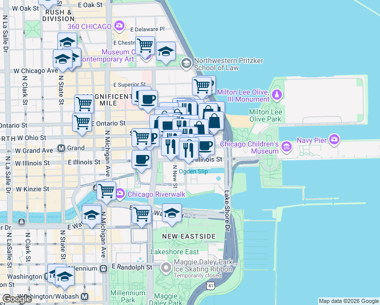 map of restaurants, bars, coffee shops, grocery stores, and more near 342 East Illinois Street in Chicago