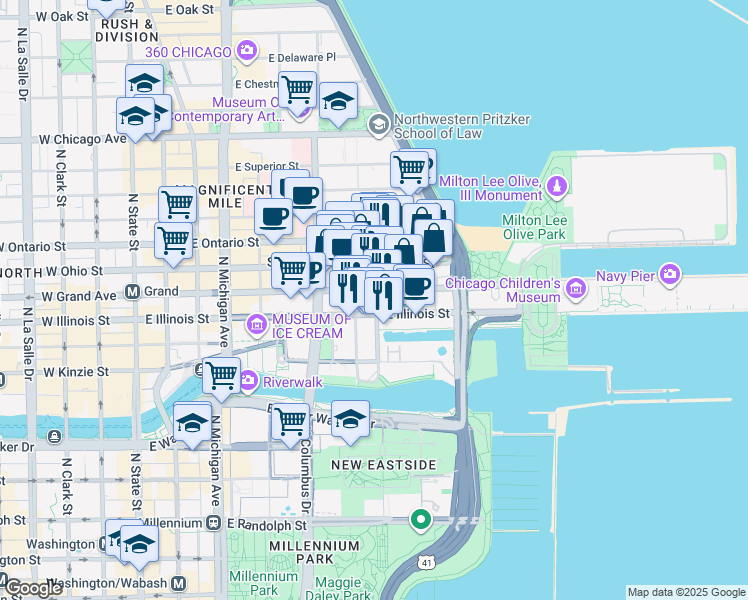map of restaurants, bars, coffee shops, grocery stores, and more near 342 East Illinois Street in Chicago