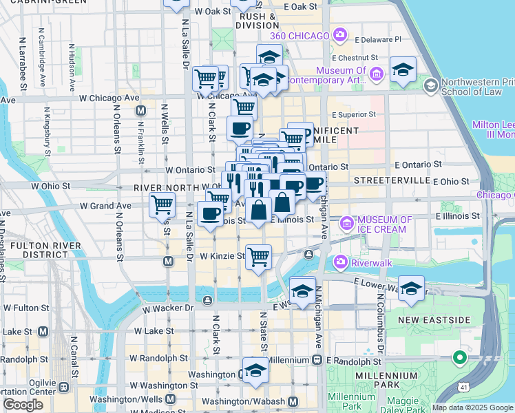 map of restaurants, bars, coffee shops, grocery stores, and more near in Chicago