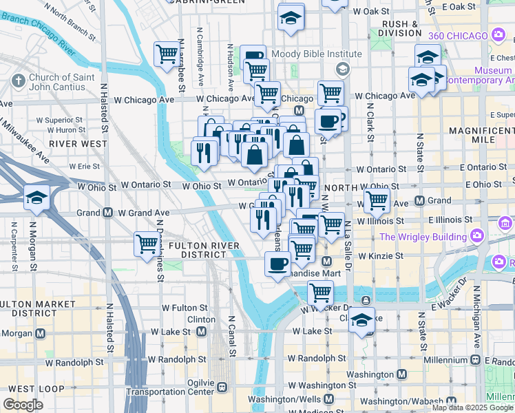 map of restaurants, bars, coffee shops, grocery stores, and more near 420 West Grand Avenue in Chicago