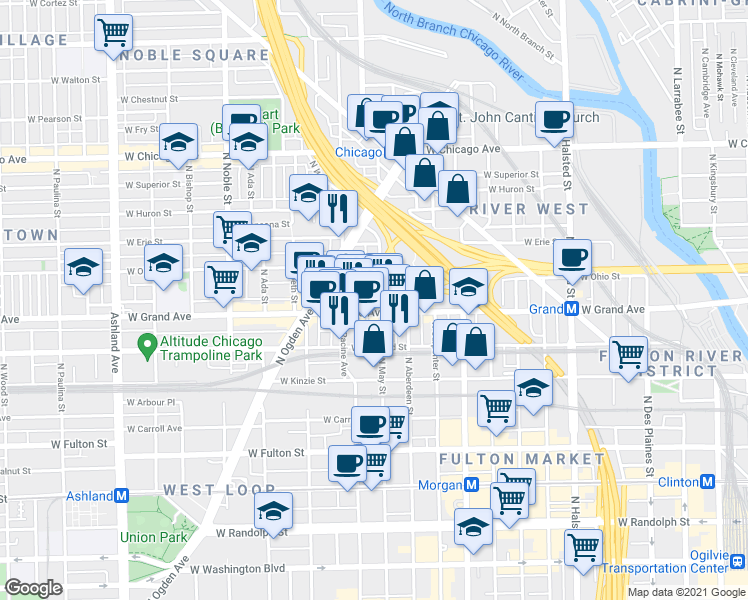 map of restaurants, bars, coffee shops, grocery stores, and more near 1123 West Ohio Street in Chicago