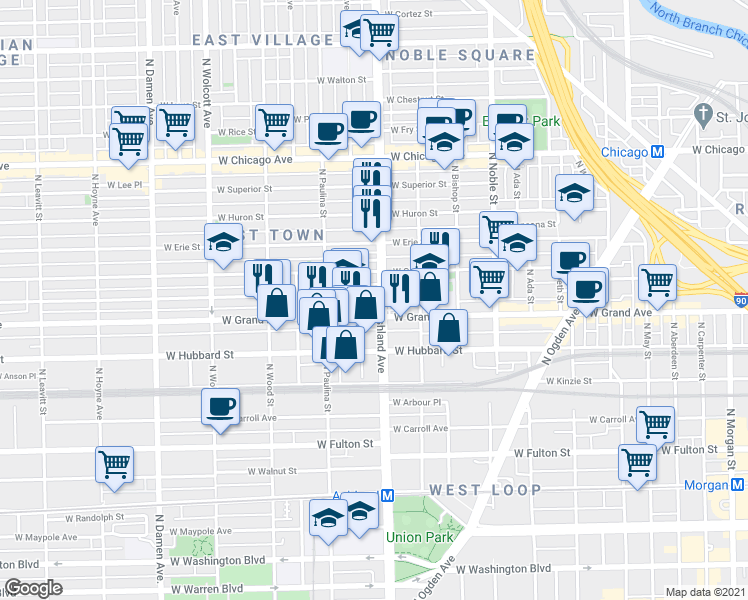 map of restaurants, bars, coffee shops, grocery stores, and more near 532 North Ashland Avenue in Chicago