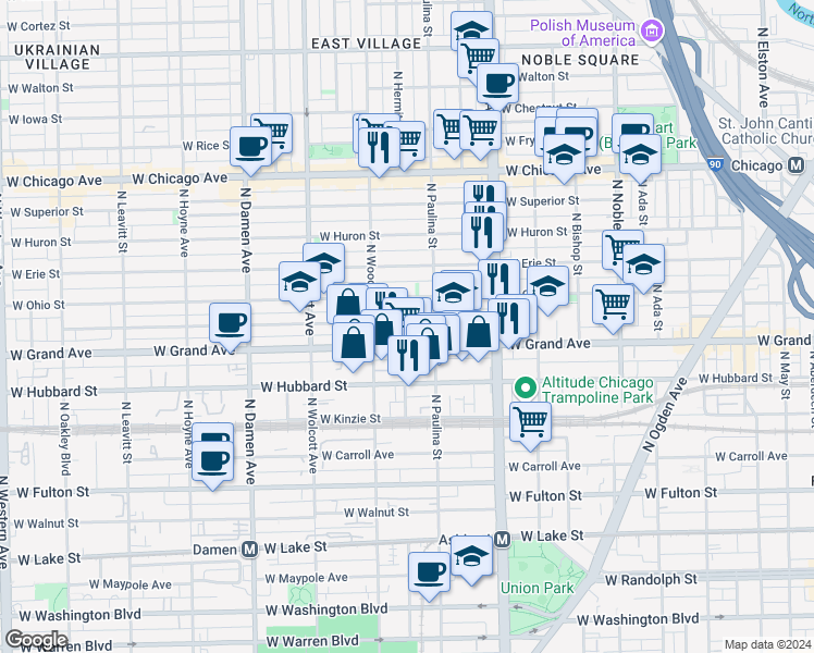 map of restaurants, bars, coffee shops, grocery stores, and more near 534 North Hermitage Avenue in Chicago