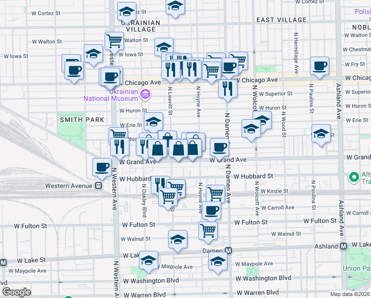 map of restaurants, bars, coffee shops, grocery stores, and more near 2141 West Ohio Street in Chicago