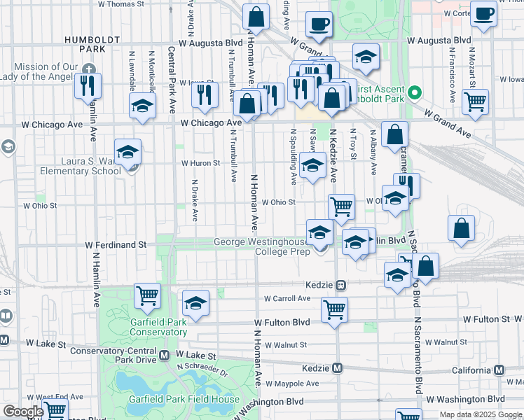 map of restaurants, bars, coffee shops, grocery stores, and more near 601 North Homan Avenue in Chicago