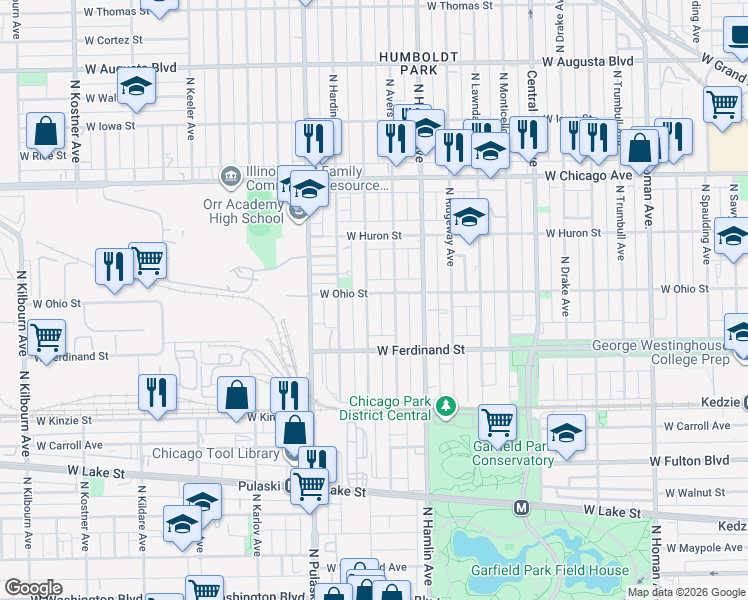 map of restaurants, bars, coffee shops, grocery stores, and more near 3848 West Ohio Street in Chicago