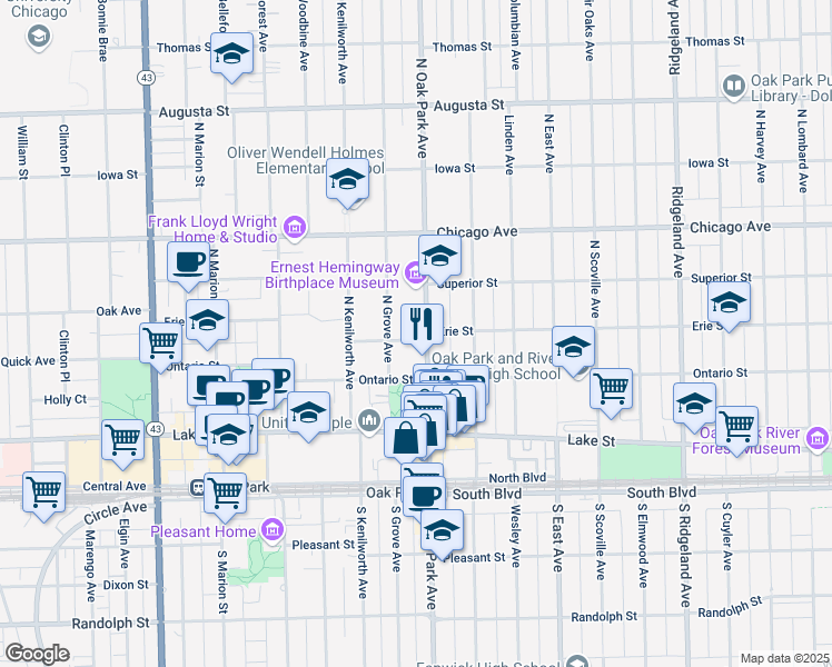 map of restaurants, bars, coffee shops, grocery stores, and more near 319 North Oak Park Avenue in Oak Park