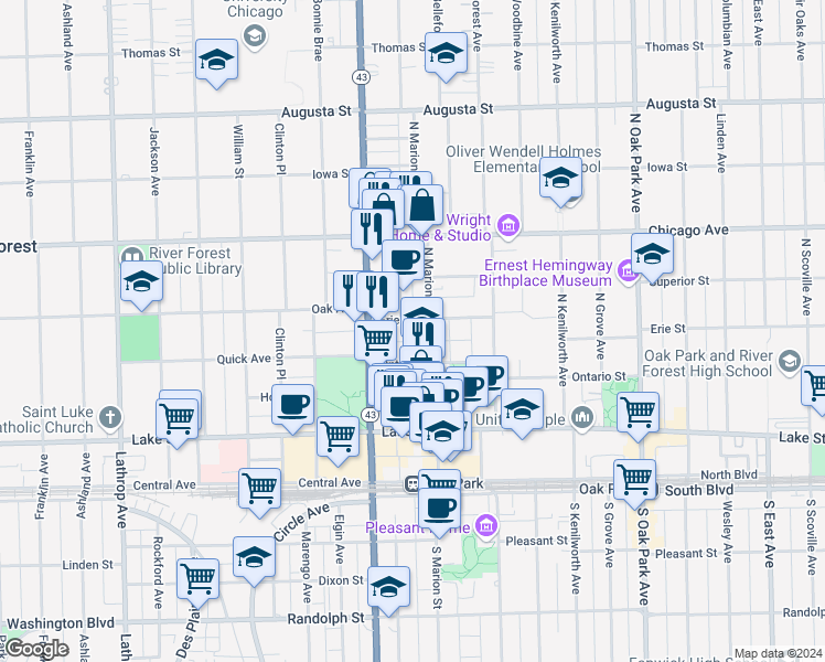 map of restaurants, bars, coffee shops, grocery stores, and more near 303 North Maple Avenue in Oak Park