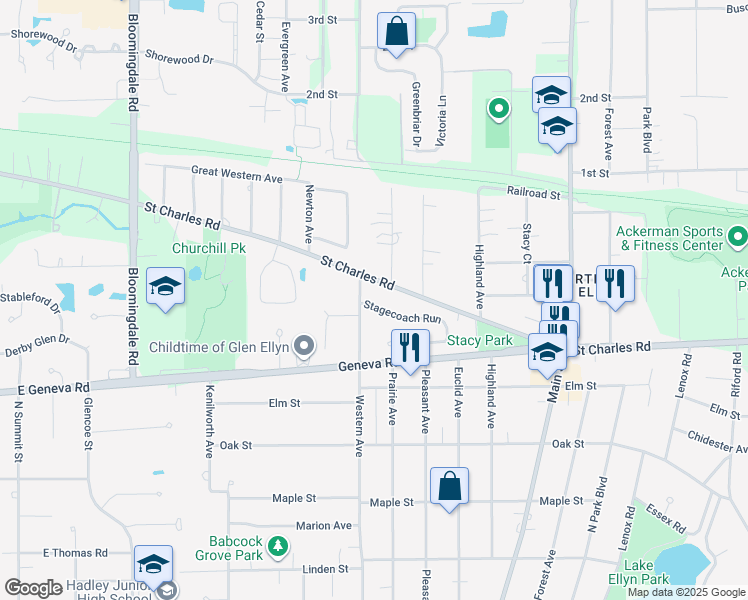 map of restaurants, bars, coffee shops, grocery stores, and more near 870 Western Avenue in Glen Ellyn