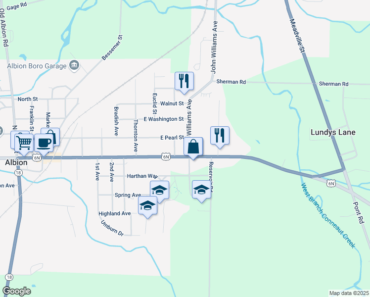 map of restaurants, bars, coffee shops, grocery stores, and more near 10300 John Williams Avenue in Albion