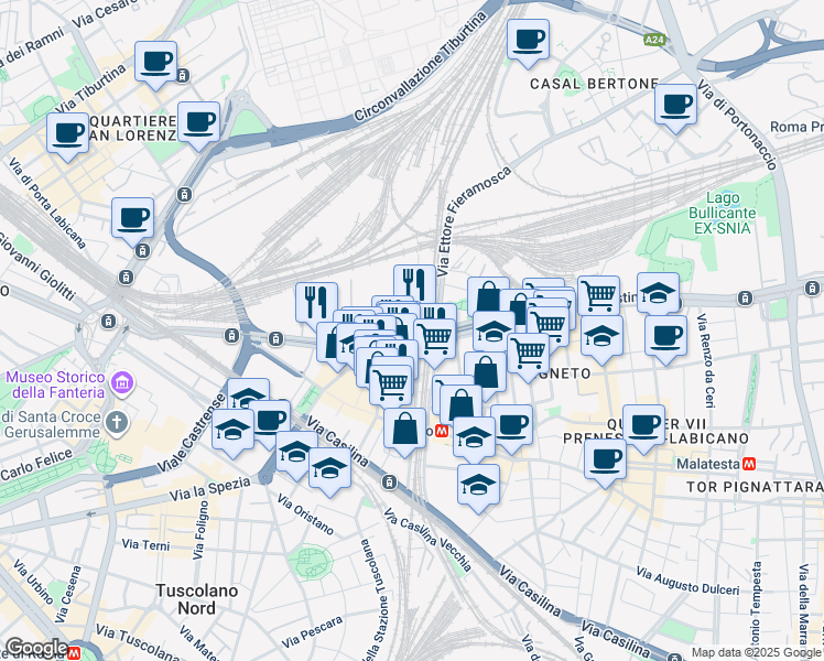 map of restaurants, bars, coffee shops, grocery stores, and more near Via L. F. Marsigli in Roma