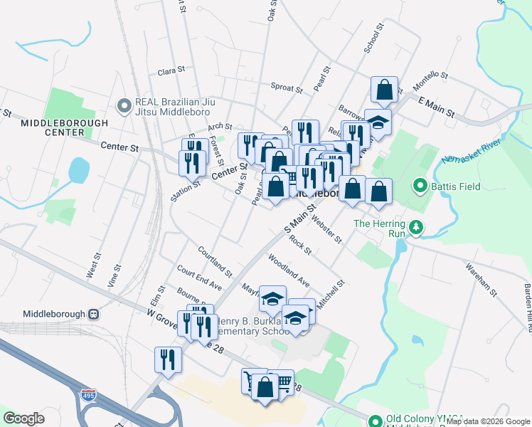 map of restaurants, bars, coffee shops, grocery stores, and more near 1 High Street in Middleborough
