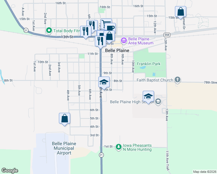 map of restaurants, bars, coffee shops, grocery stores, and more near 710 8th Avenue in Belle Plaine