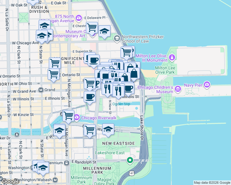 map of restaurants, bars, coffee shops, grocery stores, and more near 342 East Illinois Street in Chicago