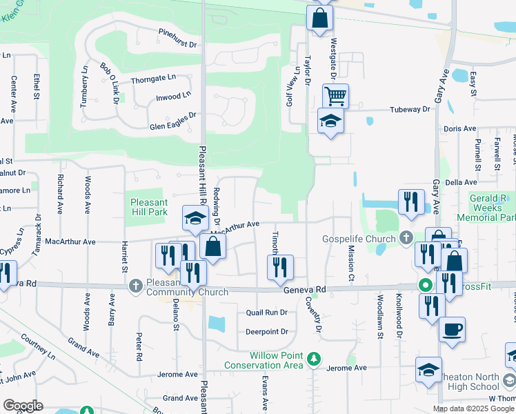 map of restaurants, bars, coffee shops, grocery stores, and more near 26W050 Gold Finch Court in Carol Stream