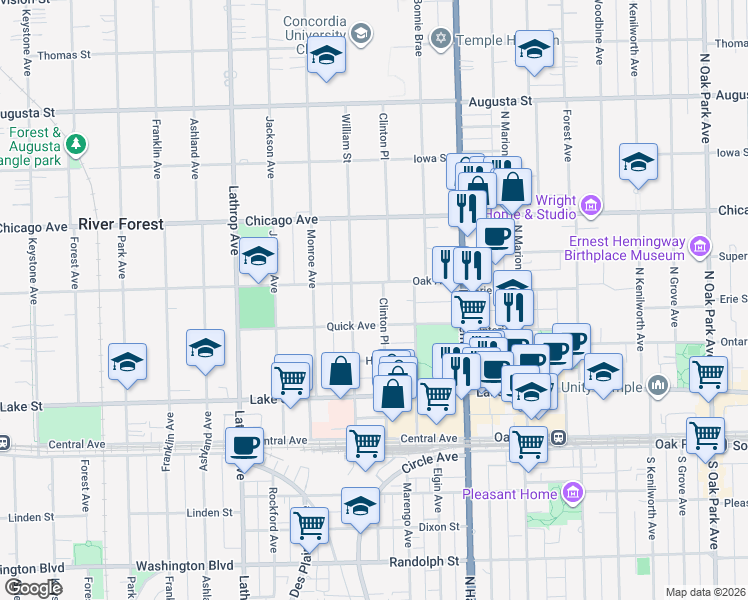 map of restaurants, bars, coffee shops, grocery stores, and more near 633 Clinton Place in River Forest