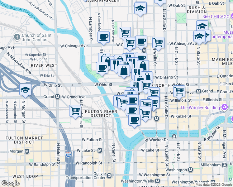 map of restaurants, bars, coffee shops, grocery stores, and more near 525 North Kingsbury Street in Chicago